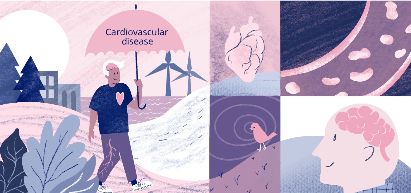 Collage of graphic images ( man, bird and icons) depicting cardiovascular disease association.